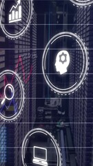 Poster - Animation of multiple digital icons and statistical data processing against computer server room