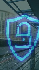 Poster - Animation of neon blue security padlock and digital wave against time-lapse of city traffic