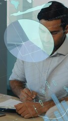 Poster - Animation of statistical data processing over asian man taking notes talking to a woman at office
