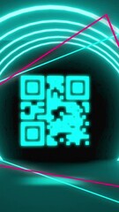 Poster - Animation of glowing qr code over neon geometric shapes