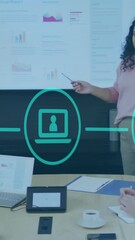 Poster - Animation of network of digital icons against woman giving a presentation at office