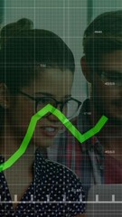 Poster - Animation of statistical data processing over diverse man and woman discussing over laptop at office