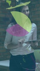 Poster - Animation of statistical data processing over caucasian woman discussing with colleagues at office