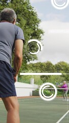 Poster - Animation of graphs, loading bars and circles senior friends playing badminton