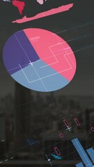 Poster - Animation of multicolored infographic interface over aerial view of modern city against sky
