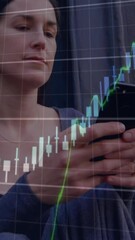 Poster - Animation of multiple graphs and changing numbers, caucasian woman sitting and using smartphone