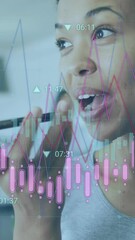 Poster - Animation of multiple graphs, changing numbers over woman talking on speaker of cellphone