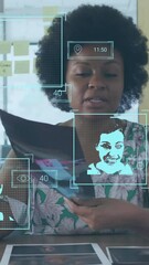 Poster - Animation of data processing with portraits over african american businesswoman having video call