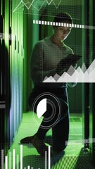 Poster - Animation of data processing over caucasian female worker using tablet in server room