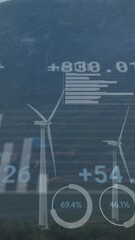 Poster - Wind turbines generating power with data visualization animation over mountainous landscape