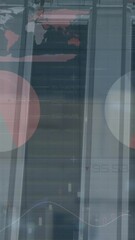 Poster - Business data analytics animation over people using escalators in office building
