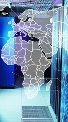 Poster - World map animation over data center servers and networking equipment