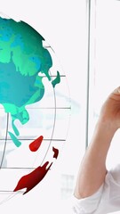 Poster - Talking on smartphone, man with world map animation over window background
