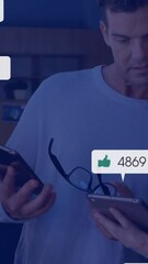 Poster - Animation of social media notifications over diverse colleagues using tablets