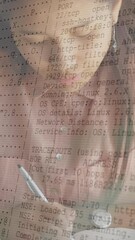 Poster - Animation of data processing against asian woman writing in her notepad at a cafe