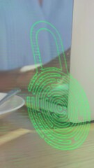 Poster - Animation of sunrays and fingerprinted padlock over midsection of caucasian woman using laptop