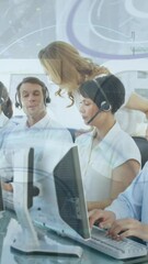 Poster - Animation of data processing over diverse business people using phone headphones in office