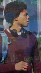 Poster - Animation of trading board and numbers over african american man standing and looking time on clock