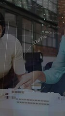Poster - Animation of stock market data processing over two diverse women discussing over a plan at office