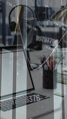 Poster - Animation of statistical data processing over rear view of caucasian woman using laptop at office