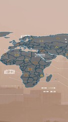 Poster - Animation of world map and data processing against aerial view of cityscape