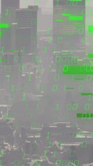 Poster - Animation of binary coding data processing against aerial view of cityscape