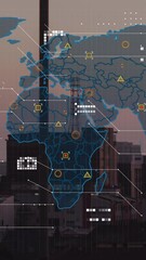 Poster - Animation of world map and data processing against aerial view of cityscape