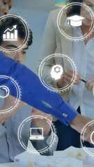Poster - Business professionals collaborating over data processing and information icons animation