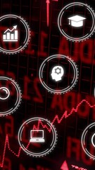 Poster - Financial data processing animation over red stock market graph and icons