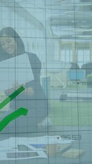 Poster - Green financial growth chart animation over diverse business people collaborating in office