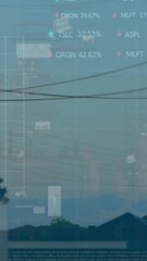 Poster - Stock market data animation over power lines and urban landscape