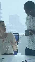 Poster - Financial data processing animation over two businesswomen discussing in modern office