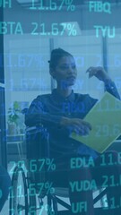 Poster - Stock market data animation over diverse business team in office meeting