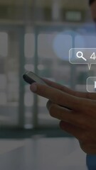 Poster - Animation of social media icons over mid section of businessman using smartphone at office