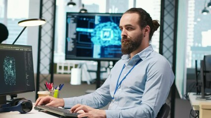 Poster - Programmer testing generative AI machine learning algorithms and listening music at work. IT expert wearing headphones scaling productivity with AI large language model written code, camera A