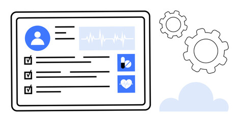 Poster - Health dashboard on a screen with patient profile, checklist, vitals, medication icons, and heart symbol. Ideal for healthcare, medical technology, diagnostics, telemedicine innovation cloud