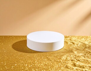 Aufkleber - White Cylinder Podium on Golden Glitter Table with Beige Wall and Shadow