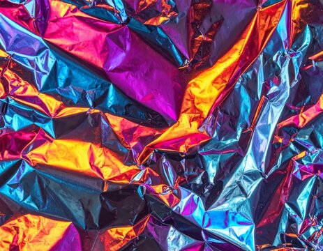 Abstract Multicolored Crumpled Foil Texture with Shiny Metallic Effect