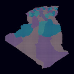 Poster - Algeria dotted map. Digital style map of the country on dark background. Algeria shape with square dots. Colored dots style. Small size squares. Amazing vector illustration.