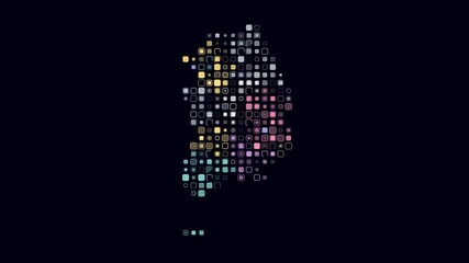 Poster - Republic of Korea dotted animation. Shape of the country build of pulsating colored dots. Large size rounded square blocks. Digital style map on dark background. Awesome video.