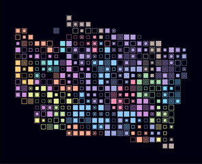 Poster - Washington, shape of the state build of colored cells. Digital style map of the Washington on dark background. Large size square blocks. Trending vector illustration.