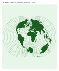 Poster - World Map. American polyconic projection. Solid style. High Detail World map for infographics, education, reports, presentations. Vector illustration.