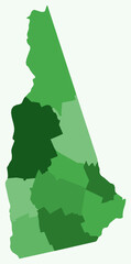 Poster - Map of New Hampshire with counties. Just a simple state border map with county division. Green color palette. Blank State of New Hampshire shape with administrative division. Vector illustration.