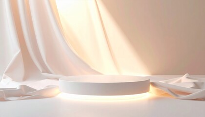 Aufkleber - Illuminated White Product Podium with Elegant Drape in Clean Studio Setting