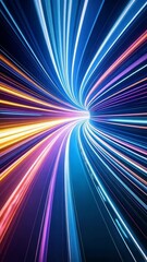 Poster - Abstract neon light trails creating a vortex tunnel effect. Hyperspace travel with futuristic glowing speed lines and colorful blurred motion.