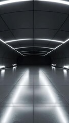 Poster - Futuristic grey tiled tunnel with rounded walls and sleek reflective floor illuminated by white LED light stripes on ceiling and side walls.