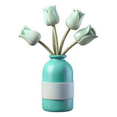 Poster - Teal vase with four pastel tulips isolated on transparent background