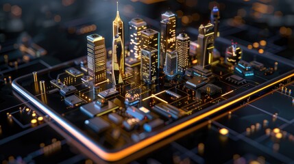 Futuristic city layout glowing on tablet, showcasing modern planning, tech and digital infrastructure concept