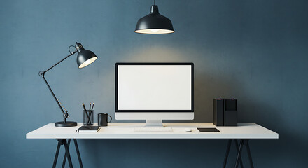 Fototapete - Modern Minimalist Workspace Desktop Computer Setup with Desk Lamp and Clean Aesthetic for Productivity and Focus.