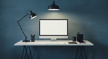Fototapete - Sleek Workspace Modern Computer Setup with Lamp and Desk, Perfect for Productivity and Creative Work in Minimalist Style